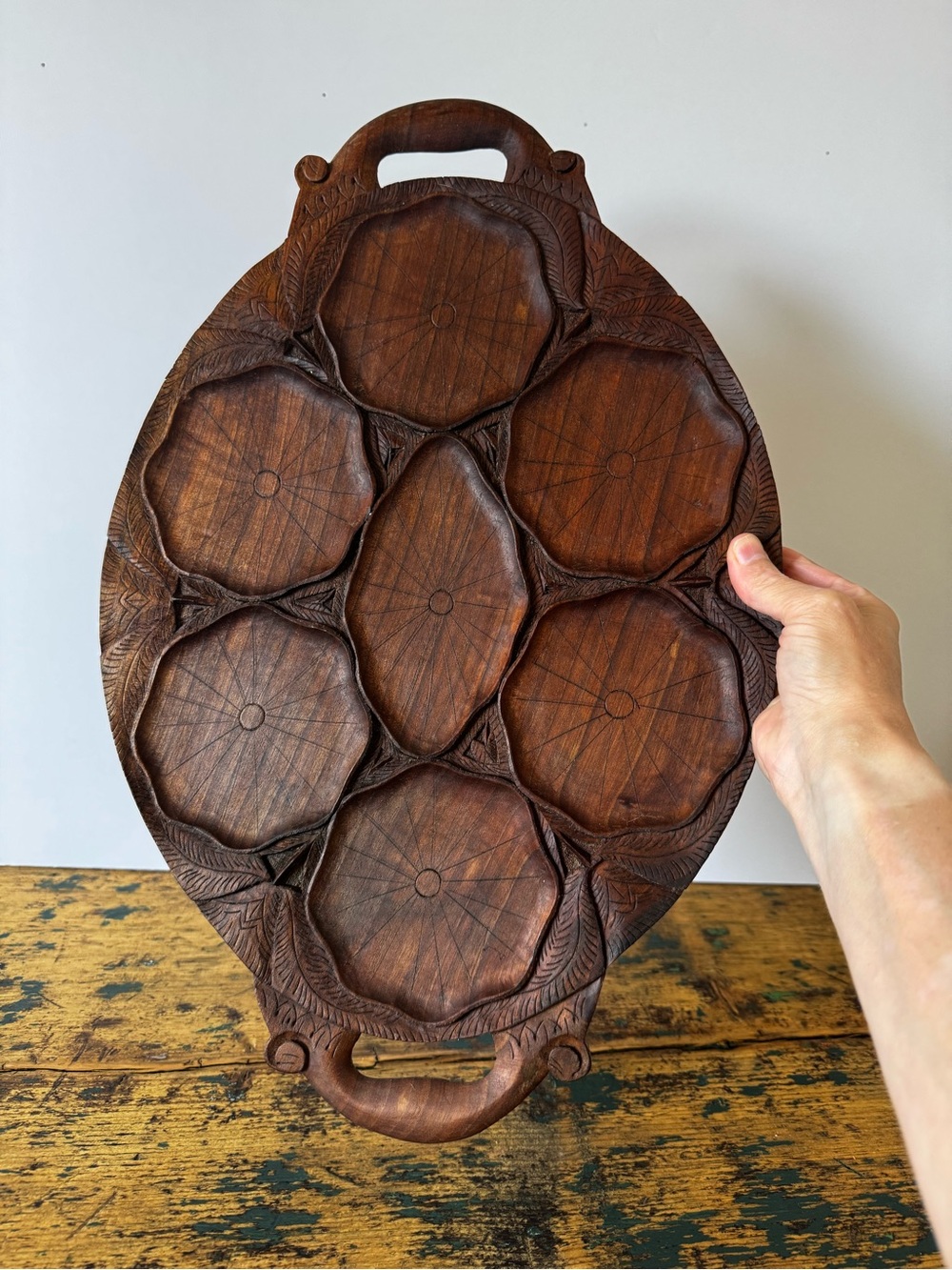 Hand-Carved Wooden Serving Tray - Deep Brown